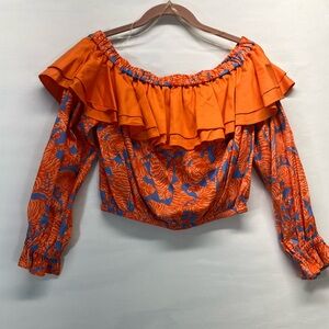 ALDEN ADAIR RUFFLE TIGER PRINT OFF SHOULDER CROP TOP S‎ KELLY ORANGE BLUE NEW